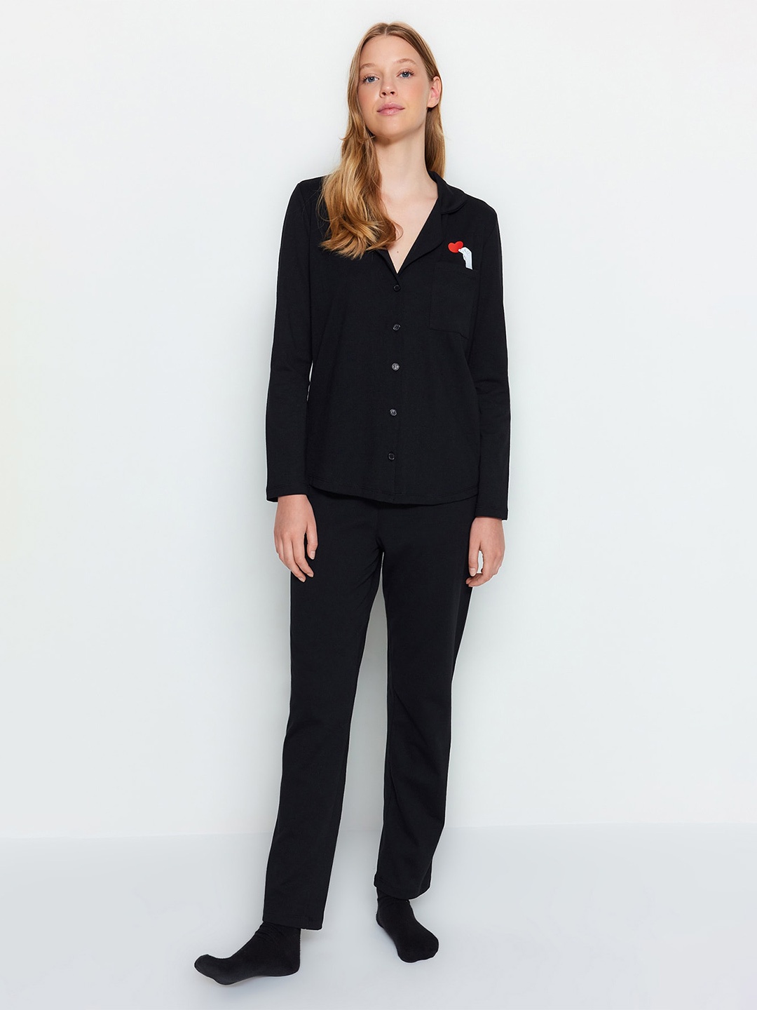 

Trendyol Notched Lapel Collar Shirt & Pyjamas, Black