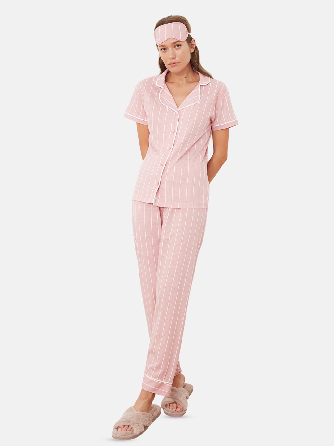 

Trendyol Striped Lapel Collar Night Suit, Pink