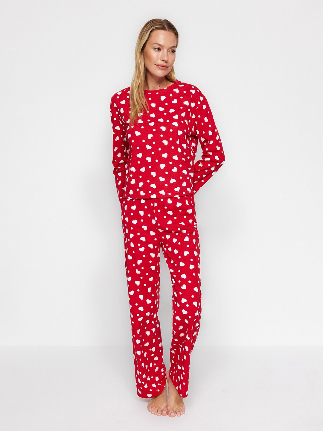 

Trendyol Printed Pure Cotton Night suit, Red