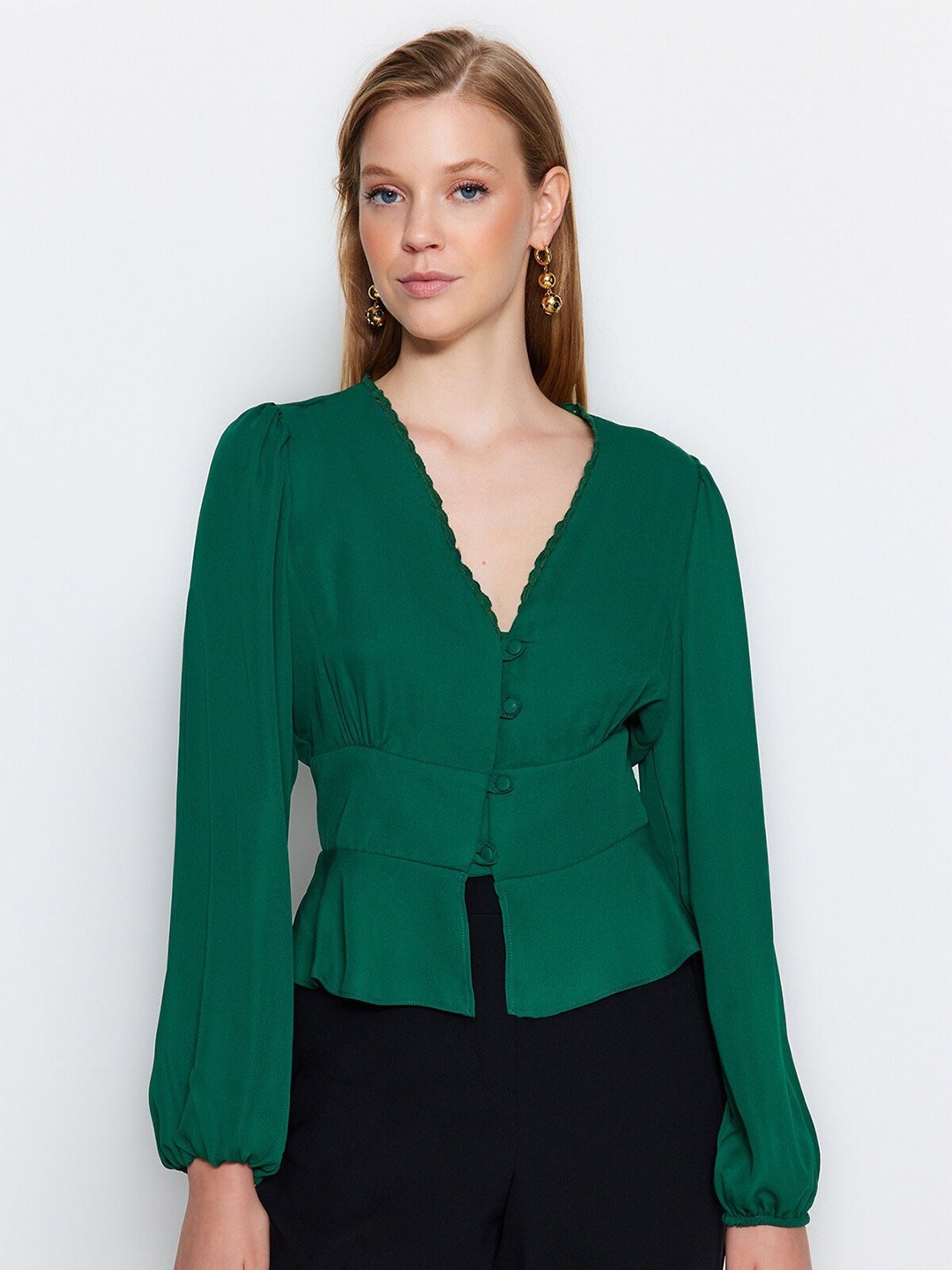 

Trendyol V-Neck Gathers Casual Shirt, Green