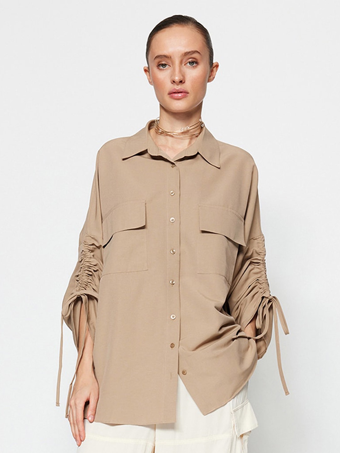 

Trendyol Spread Collar Gathers Casual Shirt, Beige