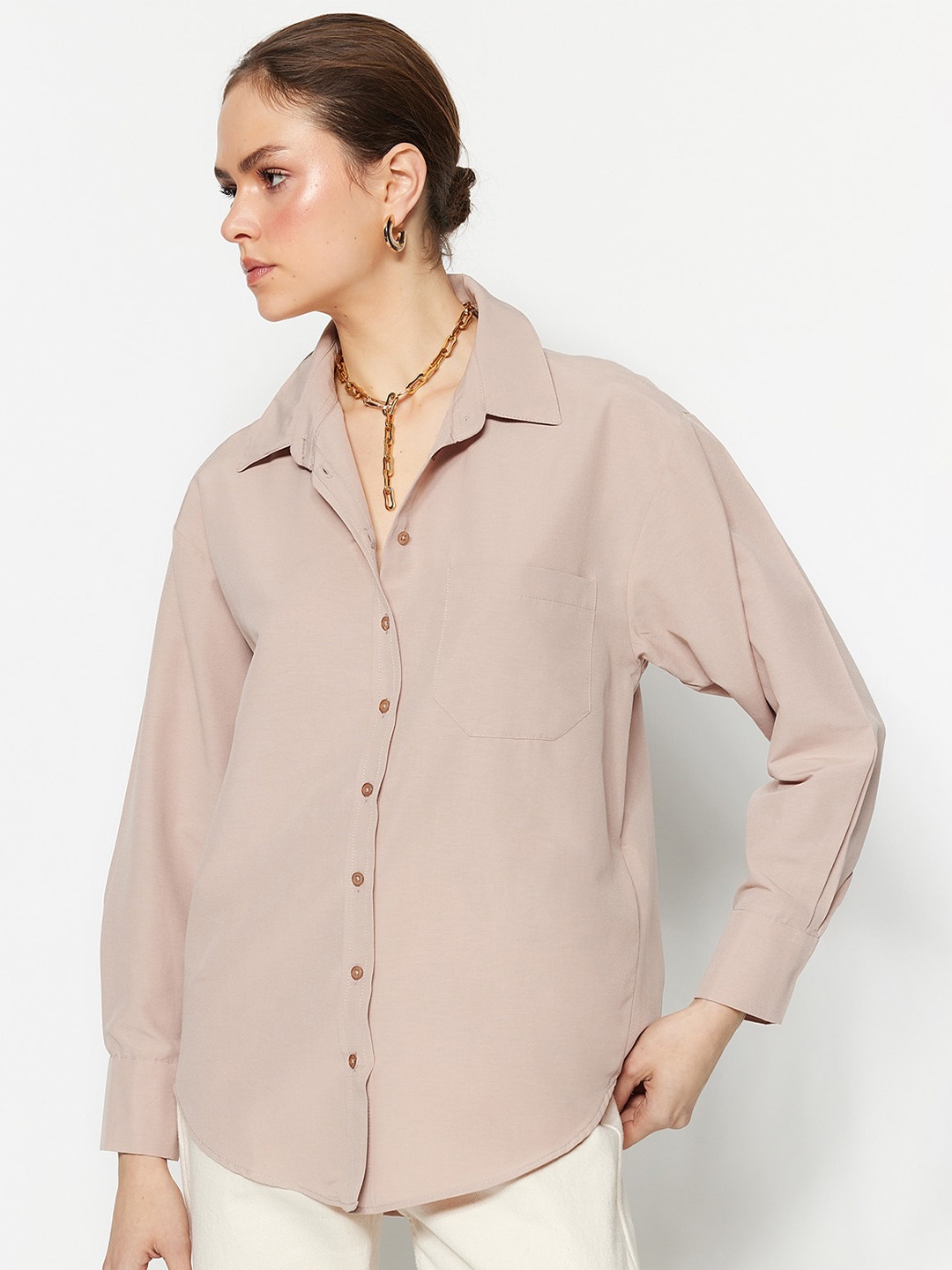 

Trendyol Spread Collar Opaque Casual Shirt, Beige