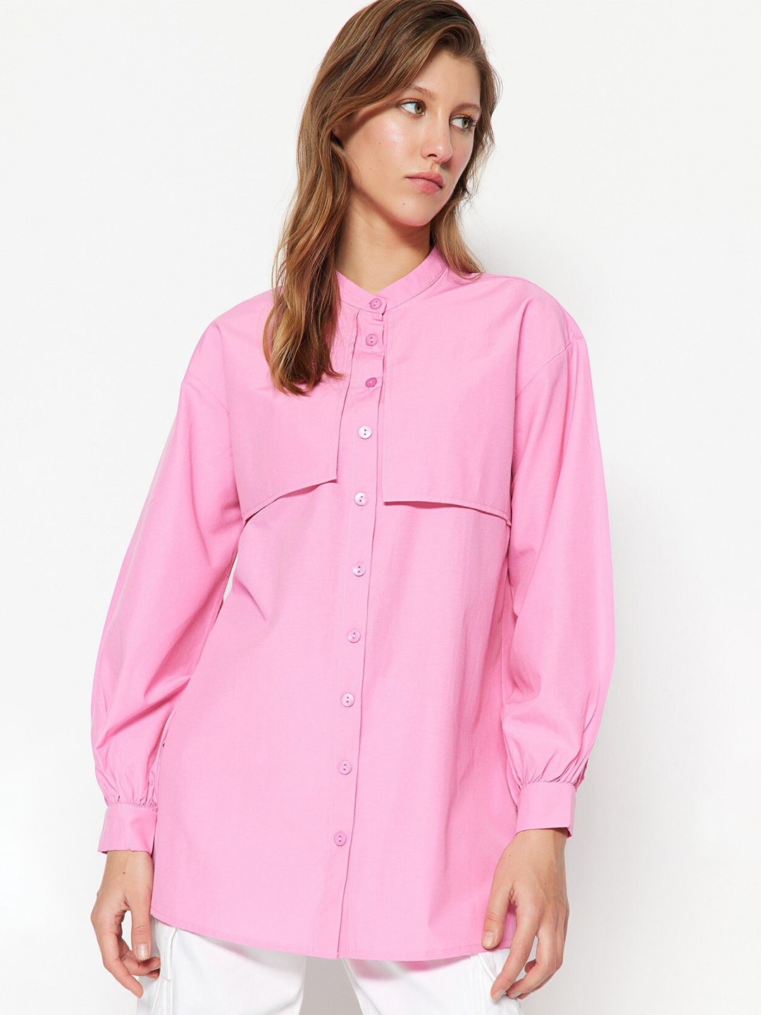 

Trendyol Band Collar Drop-Shoulder Sleeves Casual Shirt, Pink