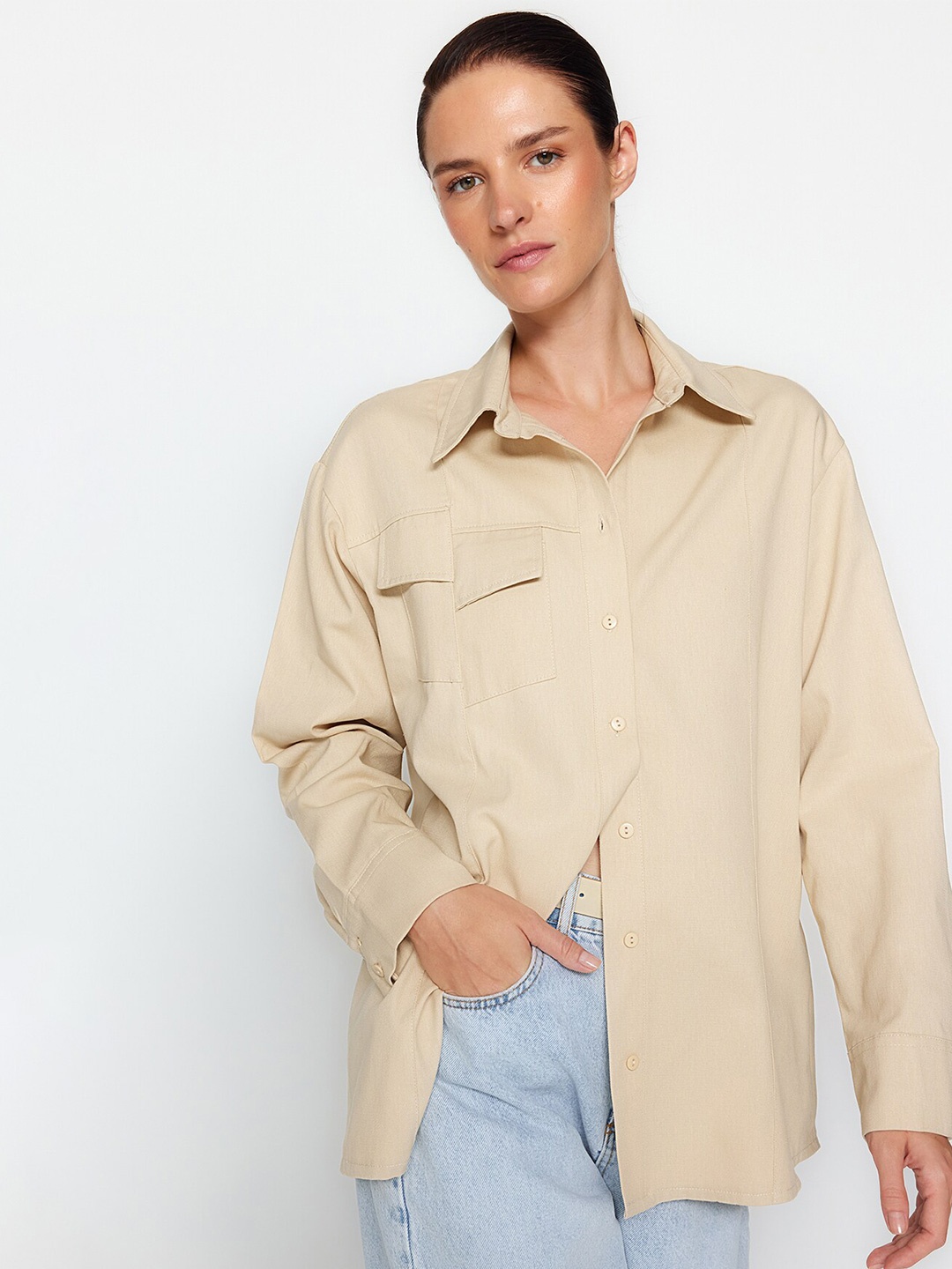 

Trendyol Spread Collar Cotton Casual Shirt, Beige