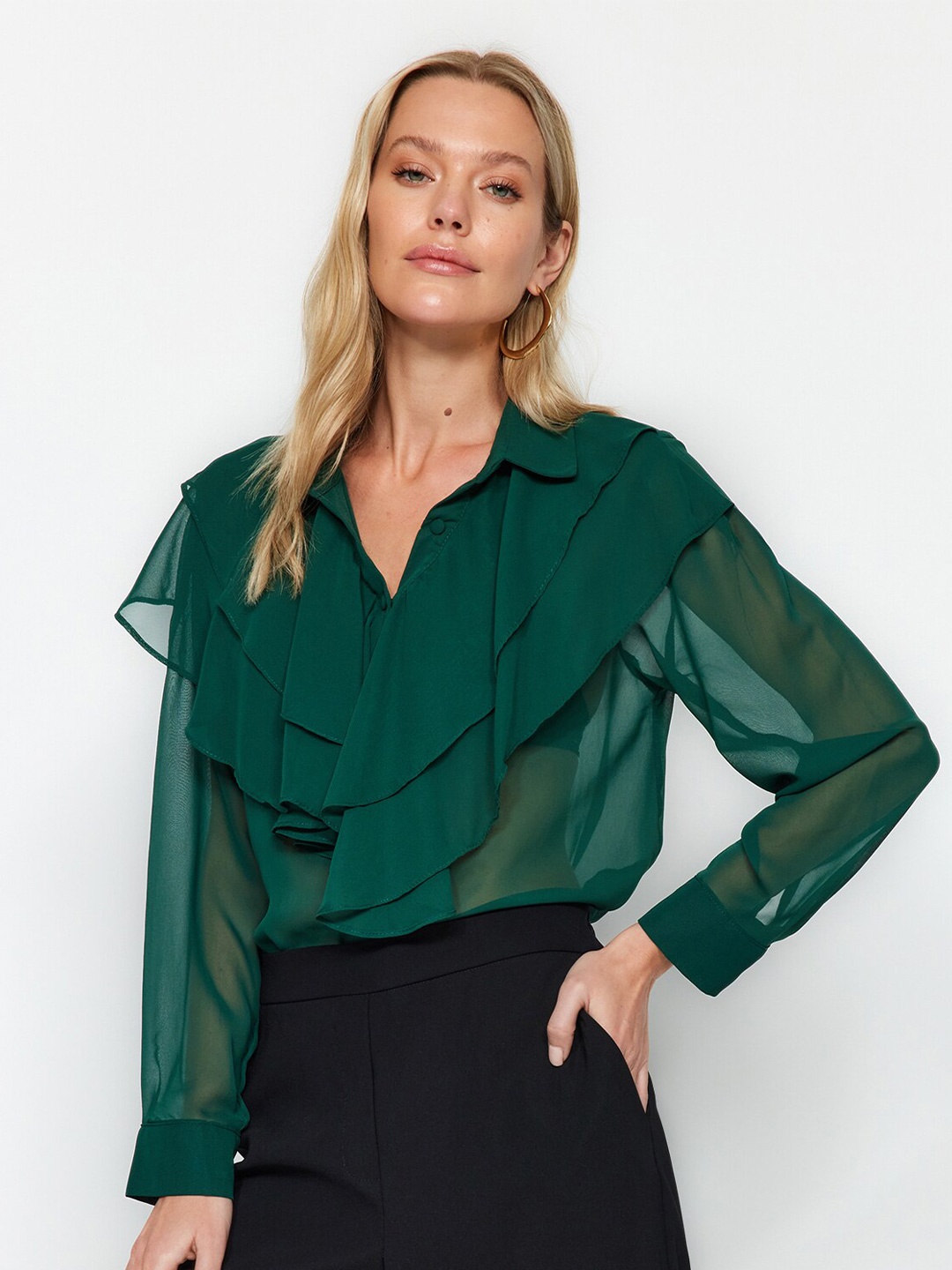 

Trendyol Spread Collar Ruffles Casual Shirt, Green