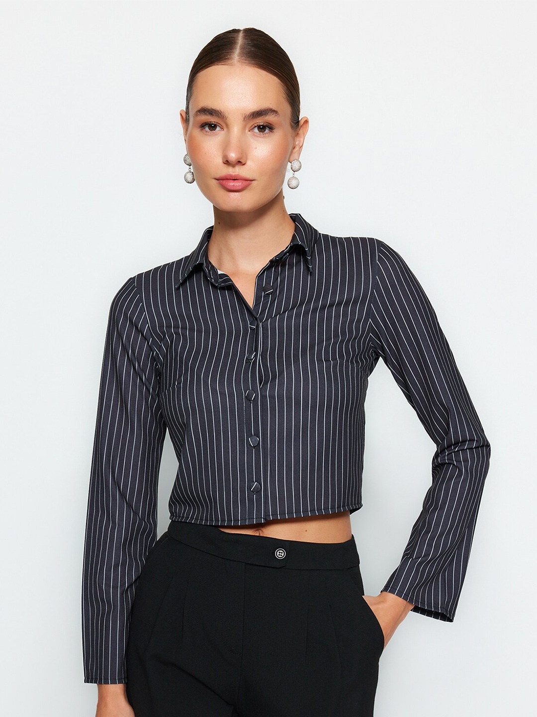 

Trendyol Striped Spread Collar Crop Casual Shirt, Black