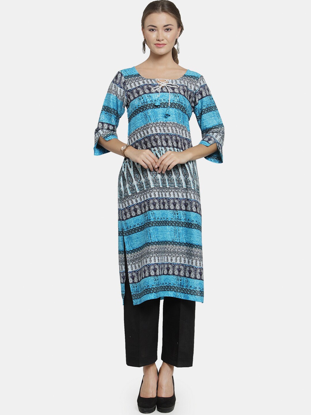 

Sayesha Printed Flared Sleeves Boat Neck Kurta, Blue