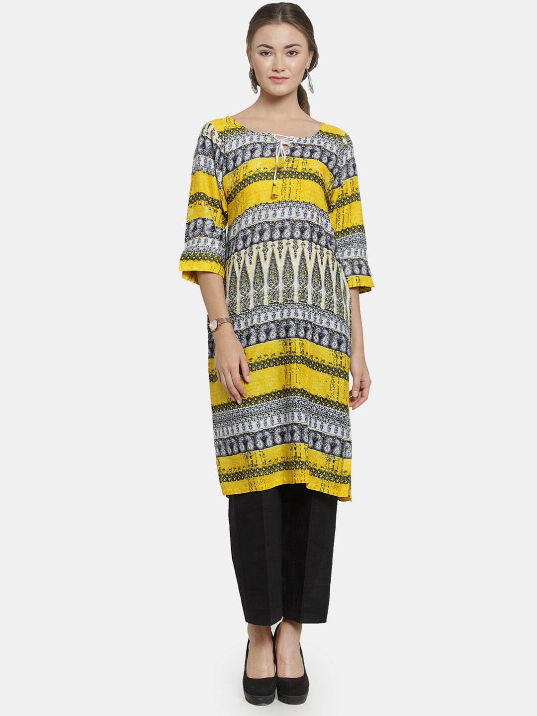 

Sayesha Abstract Printed Round Neck Side Slits Kurta, Yellow