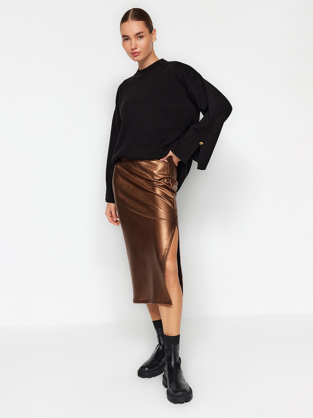 

Trendyol Ribbed Pencil Midi Side Slit Skirt, Brown