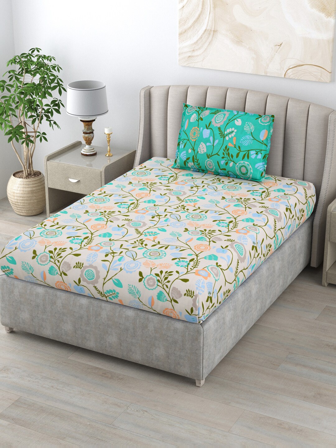 

BOMBAY DYEING Green & Blue Floral Cotton 120 TC Single Bedsheet With 1 Pillow Covers