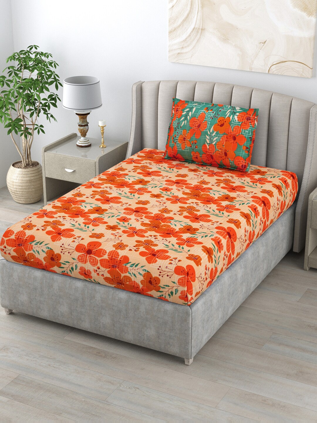 

BOMBAY DYEING Blumen Orange & Green Floral Cotton 120 TC Single Bedsheet &1 Pillow Cover