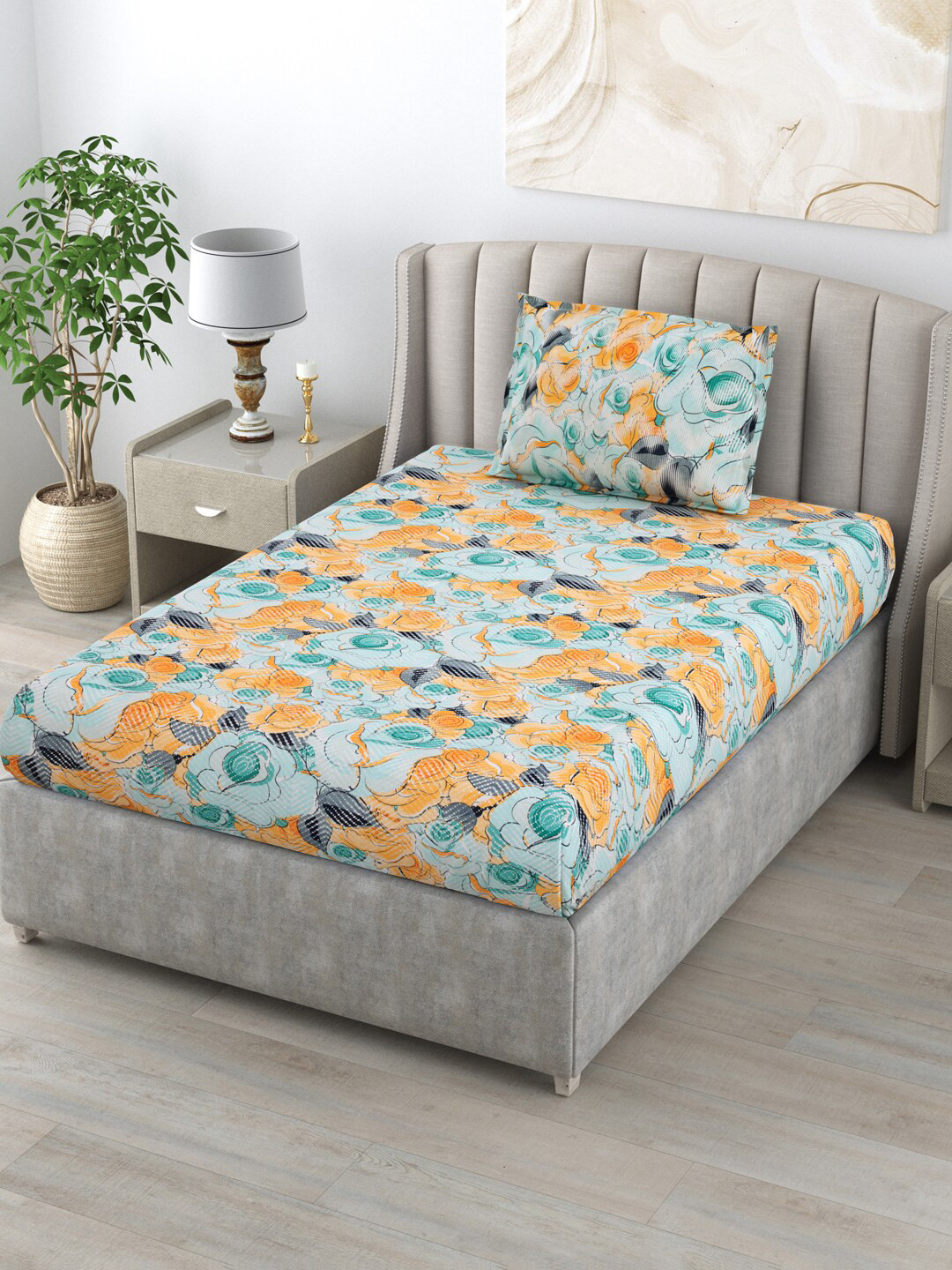 

BOMBAY DYEING Blumen Yellow & Green Floral Cotton120 TC Single Bedsheet & 1 Pillow Covers