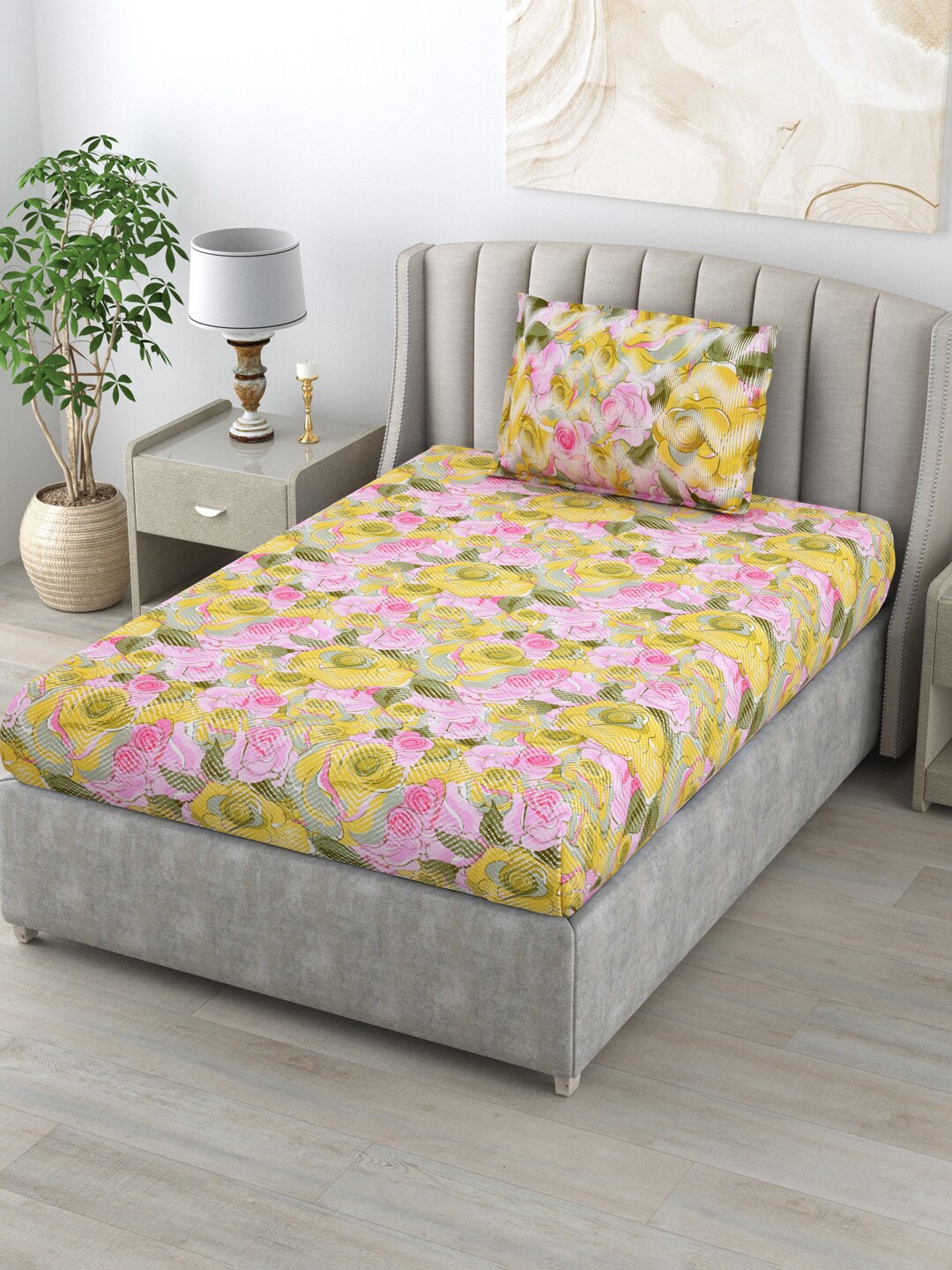 

BOMBAY DYEING Blumen Pink & Yellow Floral Cotton120 TC Single Bedsheet with 1 Pillow Cover