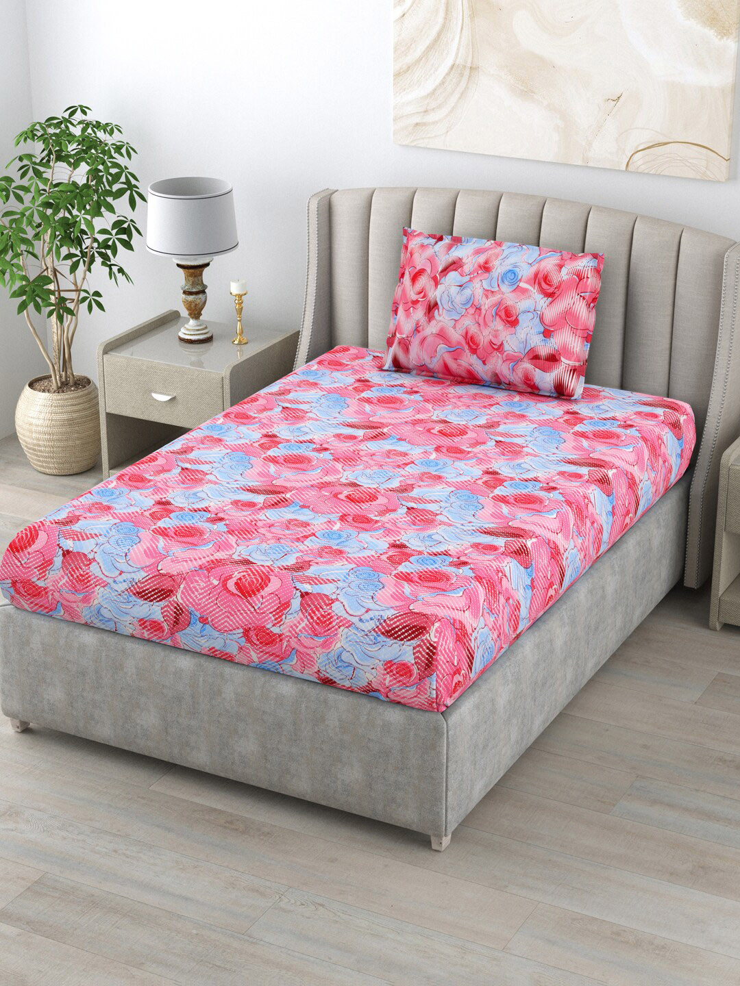 

BOMBAY DYEING Blumen Blue & Pink Floral Cotton 120 TC Single Bedsheet with 1 Pillow Cover