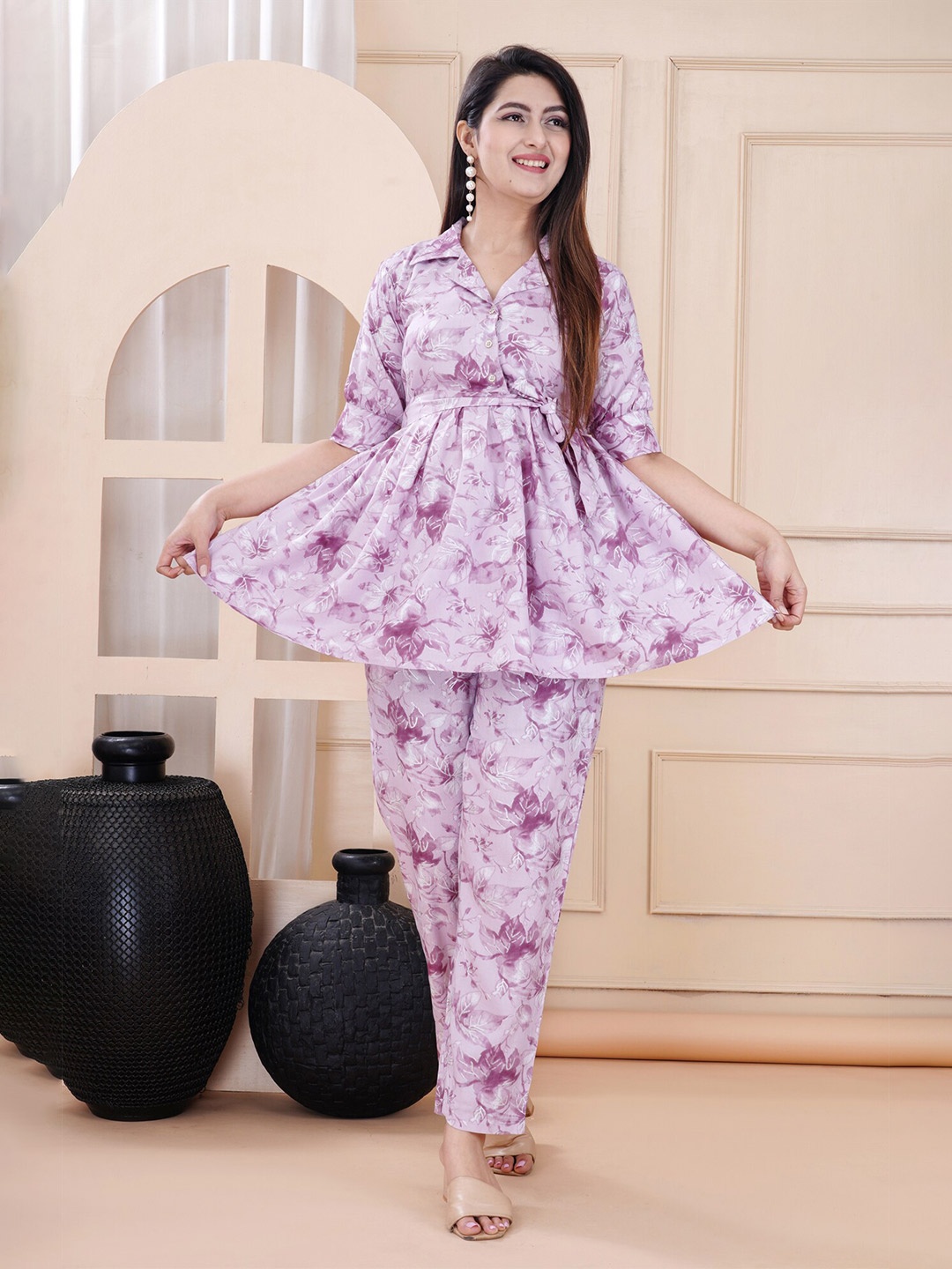 

TREND ME Floral Printed Shirt Collar Tunic With Trousers Co-Ords, Purple