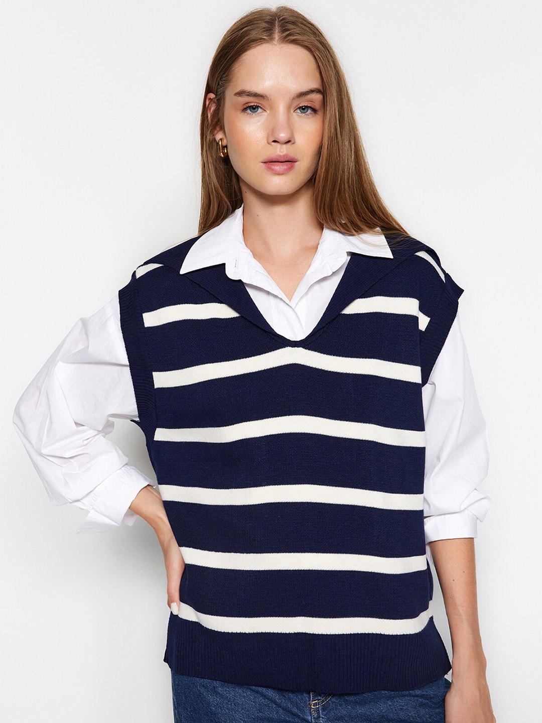 

Trendyol Striped Acrylic Sweater Vest, Navy blue
