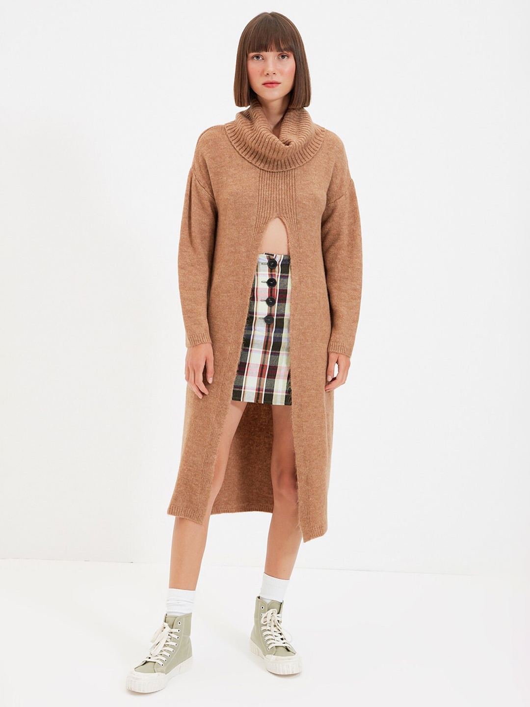 

Trendyol Ribbed Turtle Neck Longline Pullover Sweater, Camel brown