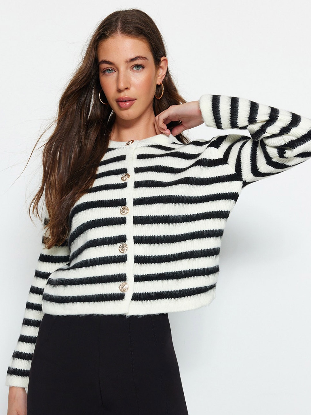 

Trendyol Striped Acrylic Cardigan Sweater, Black