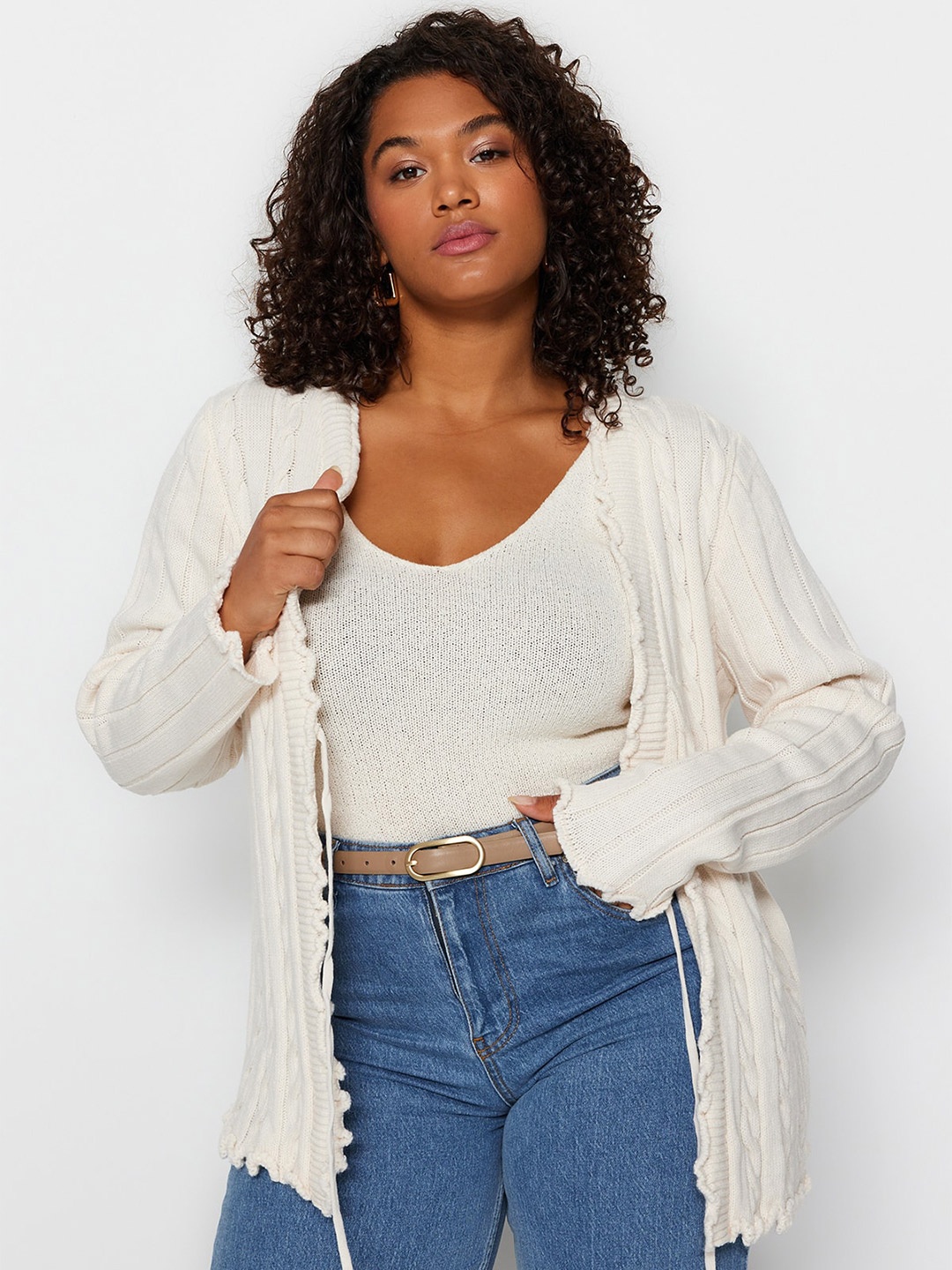 

Trendyol Self Design Cable Knit Front-Open Sweaters, White