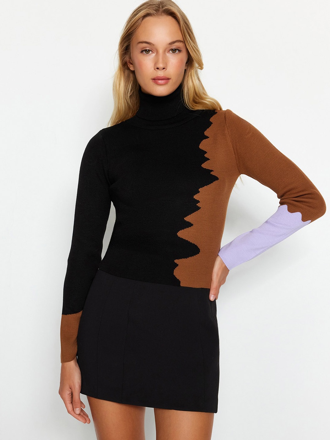 

Trendyol Turtle Neck Colourblocked Pullover Sweater, Black