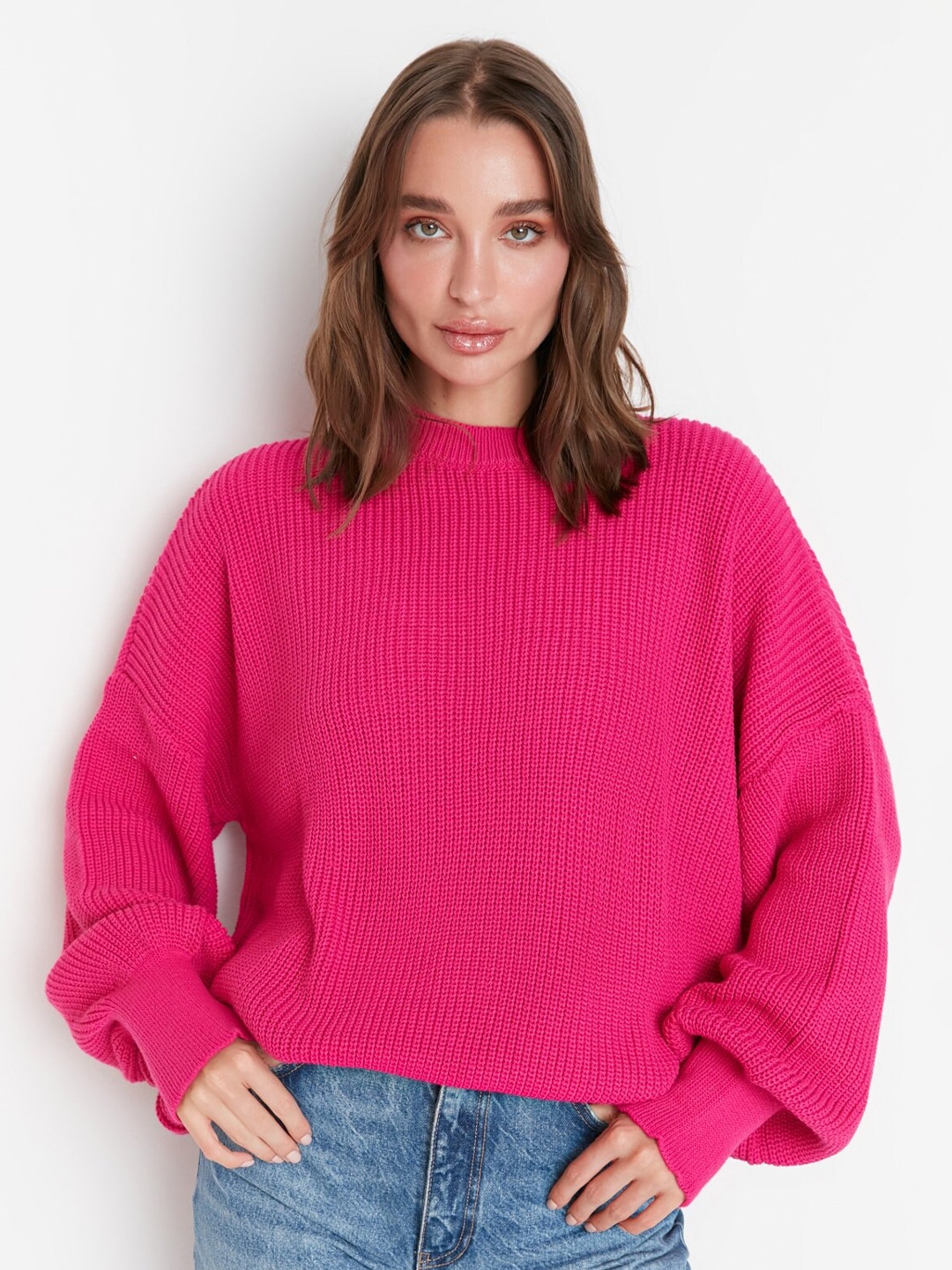

Trendyol Round Neck Long Sleeves Ribbed Longline Pullover Sweater, Fuchsia
