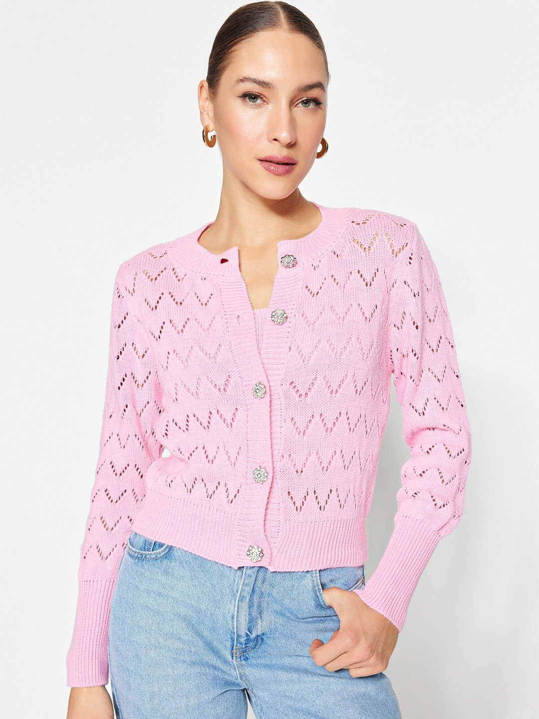 

Trendyol Self Design Open Knit Cardigan Sweater, Pink