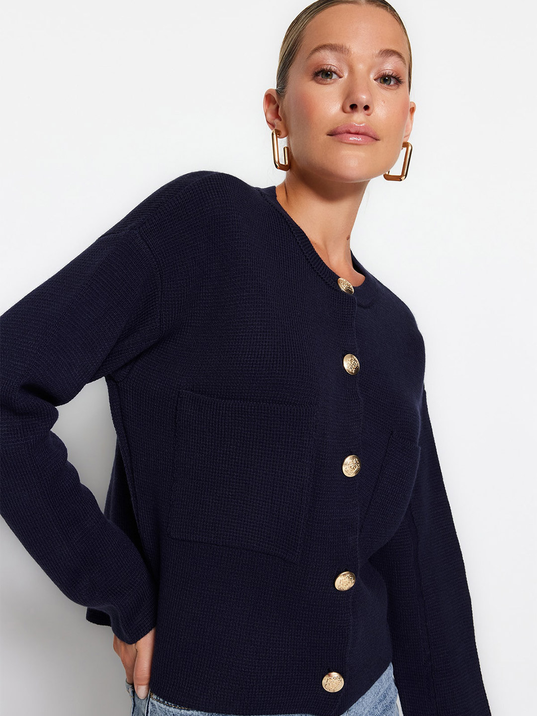 

Trendyol Round Neck Long Sleeves Ribbed Cardigan Sweater, Navy blue