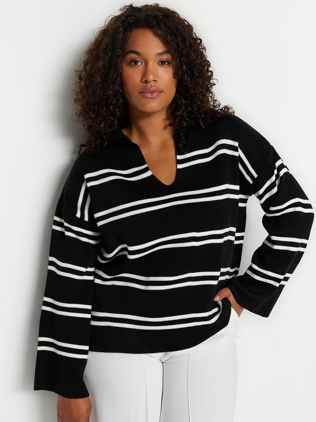 

Trendyol Plus Size Striped Printed Acrylic Pullover Sweater, Black