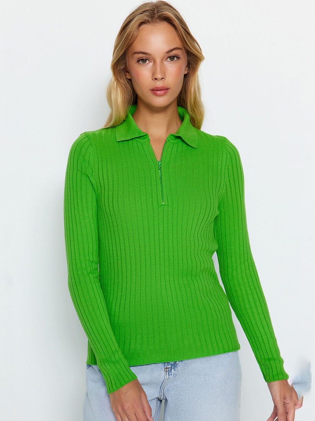 

Trendyol Striped Half Zipper Pullover Sweaters, Green