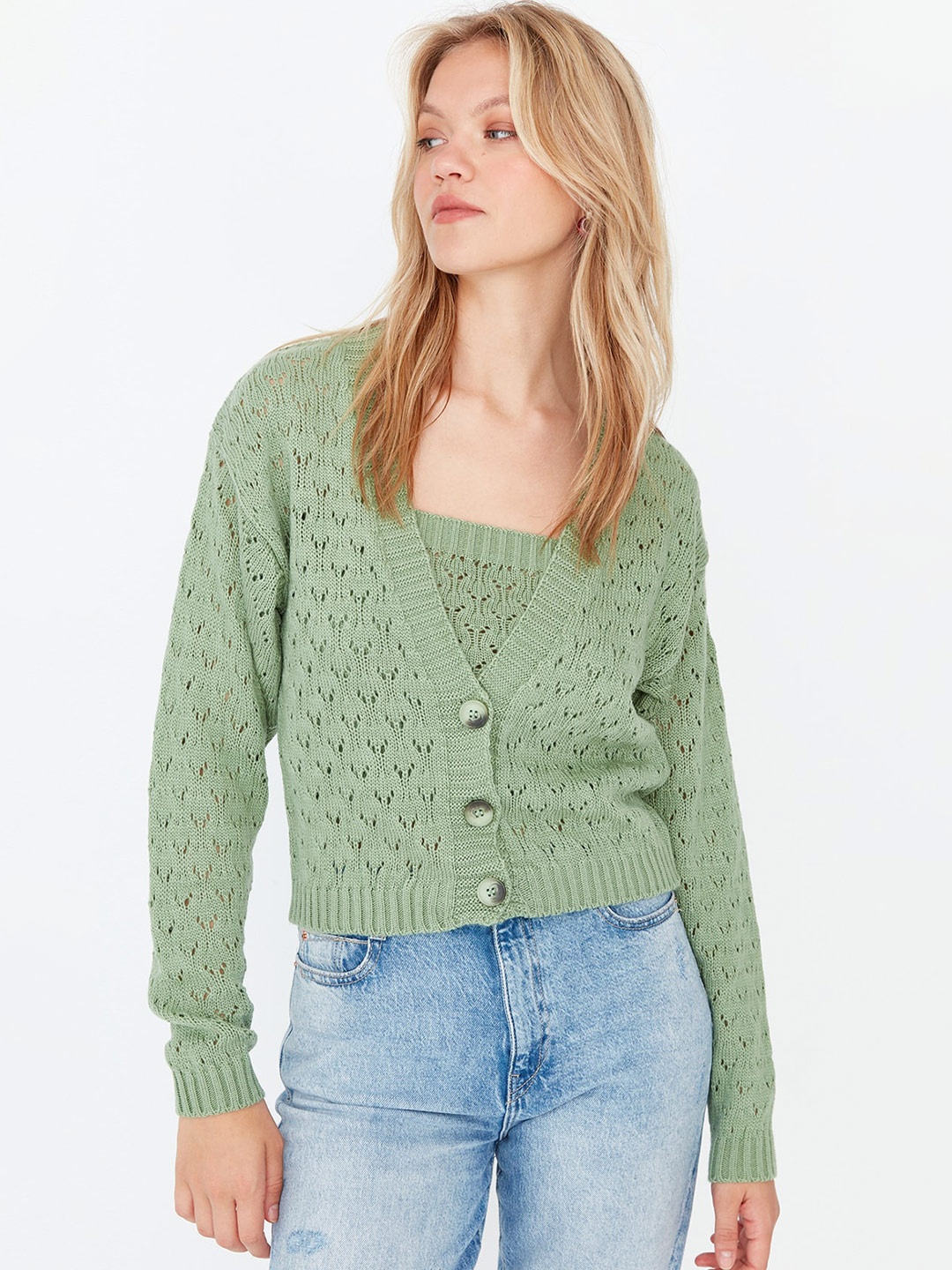 

Trendyol V-Neck Long Sleeves Crop Cardigan, Green