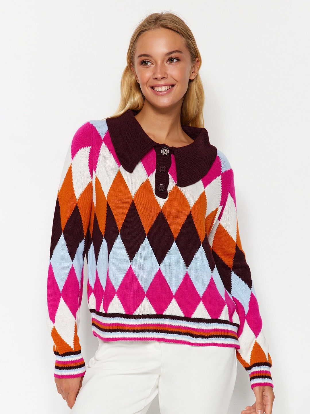 

Trendyol Peter Pan Collar Long Sleeves Colourblocked Pullover Sweater, Brown