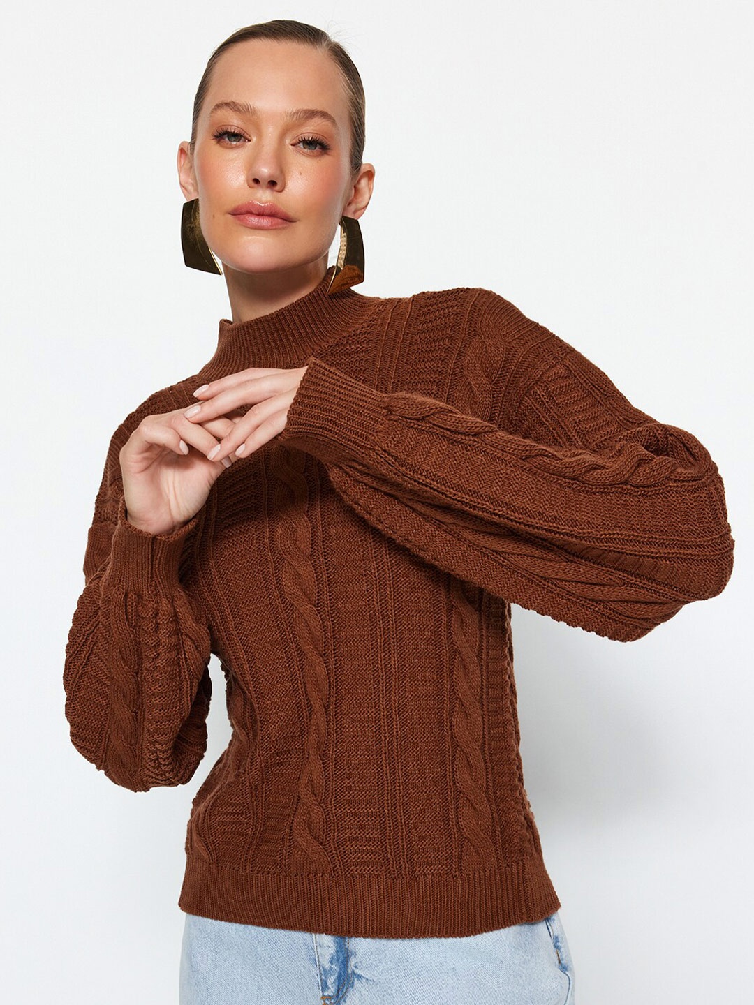 

Trendyol Cable Knitted Turtle Neck Pullover Sweaters, Brown