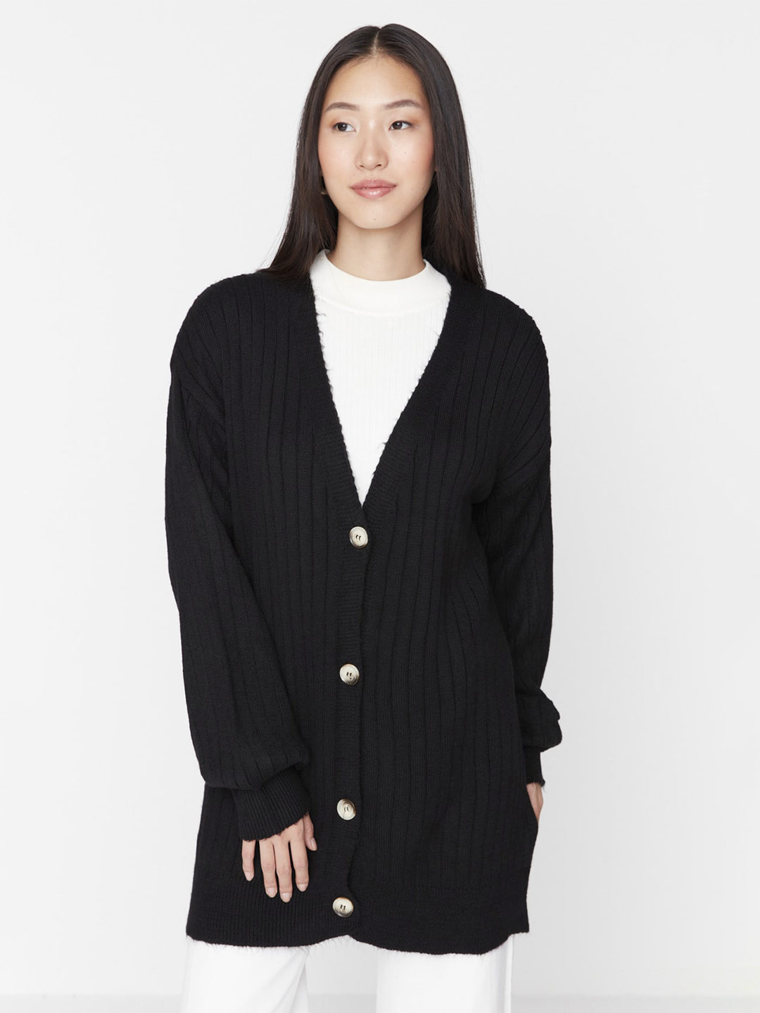 

Trendyol Cable Knit Longline Acrylic Cardigan Sweater, Black
