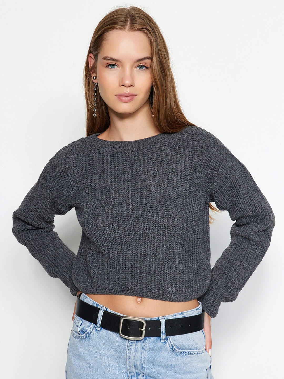 

Trendyol Ribbed Crop Pullover Sweater, Grey