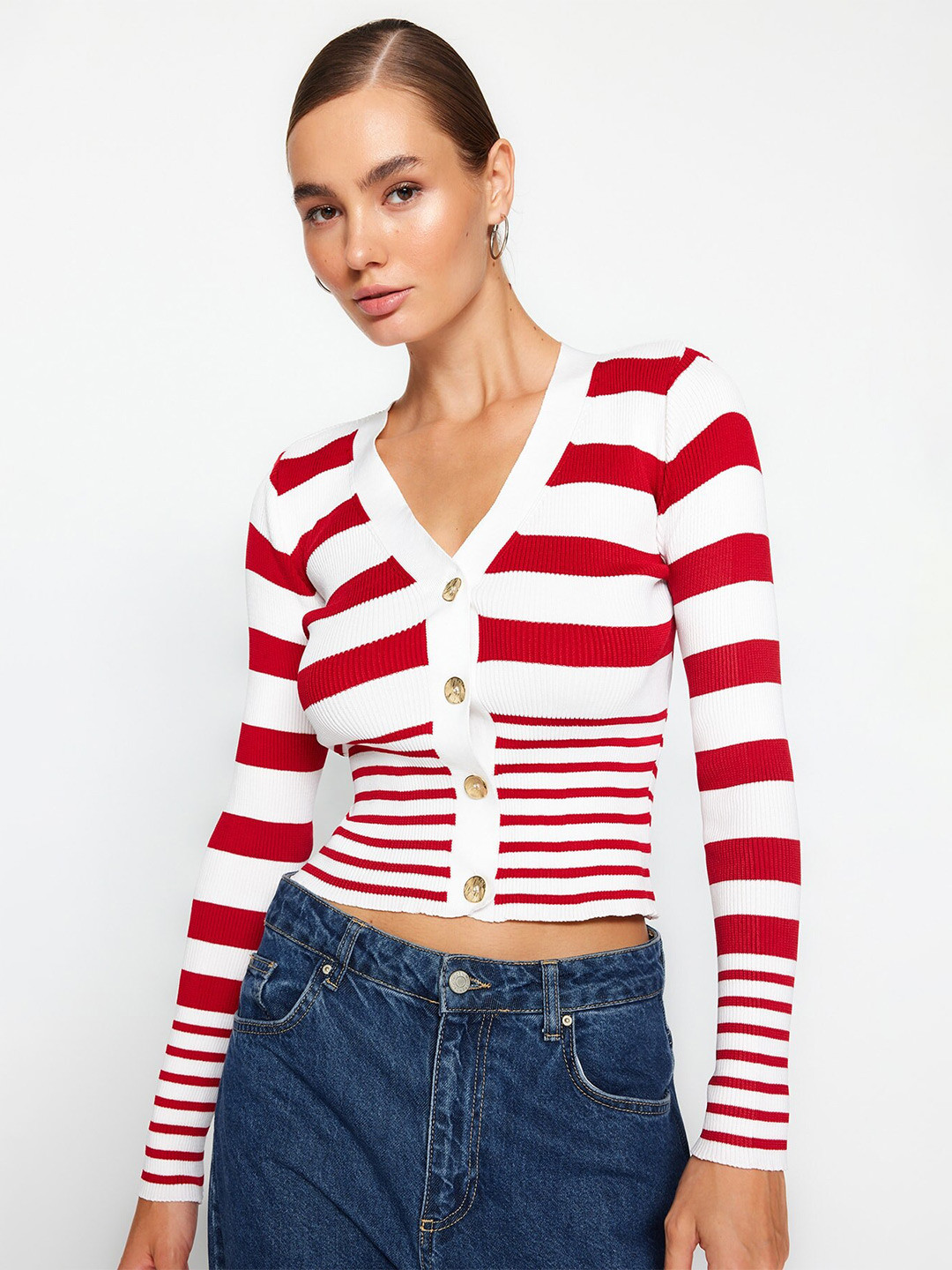 

Trendyol Striped V Neck Long Sleeves Cardigan Sweaters, White