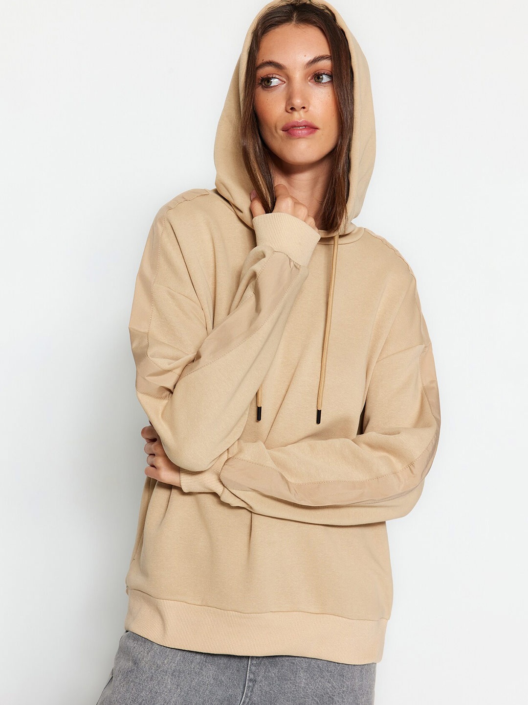 

Trendyol Hooded Long Sleeves Longline Pullover Sweatshirt, Beige