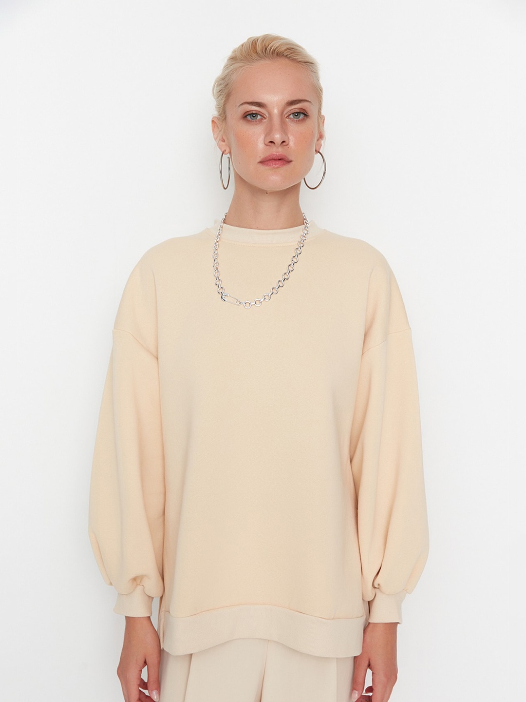 

Trendyol Round Neck Long Sleeves Ribbed Longline Pullover Sweatshirt, Cream