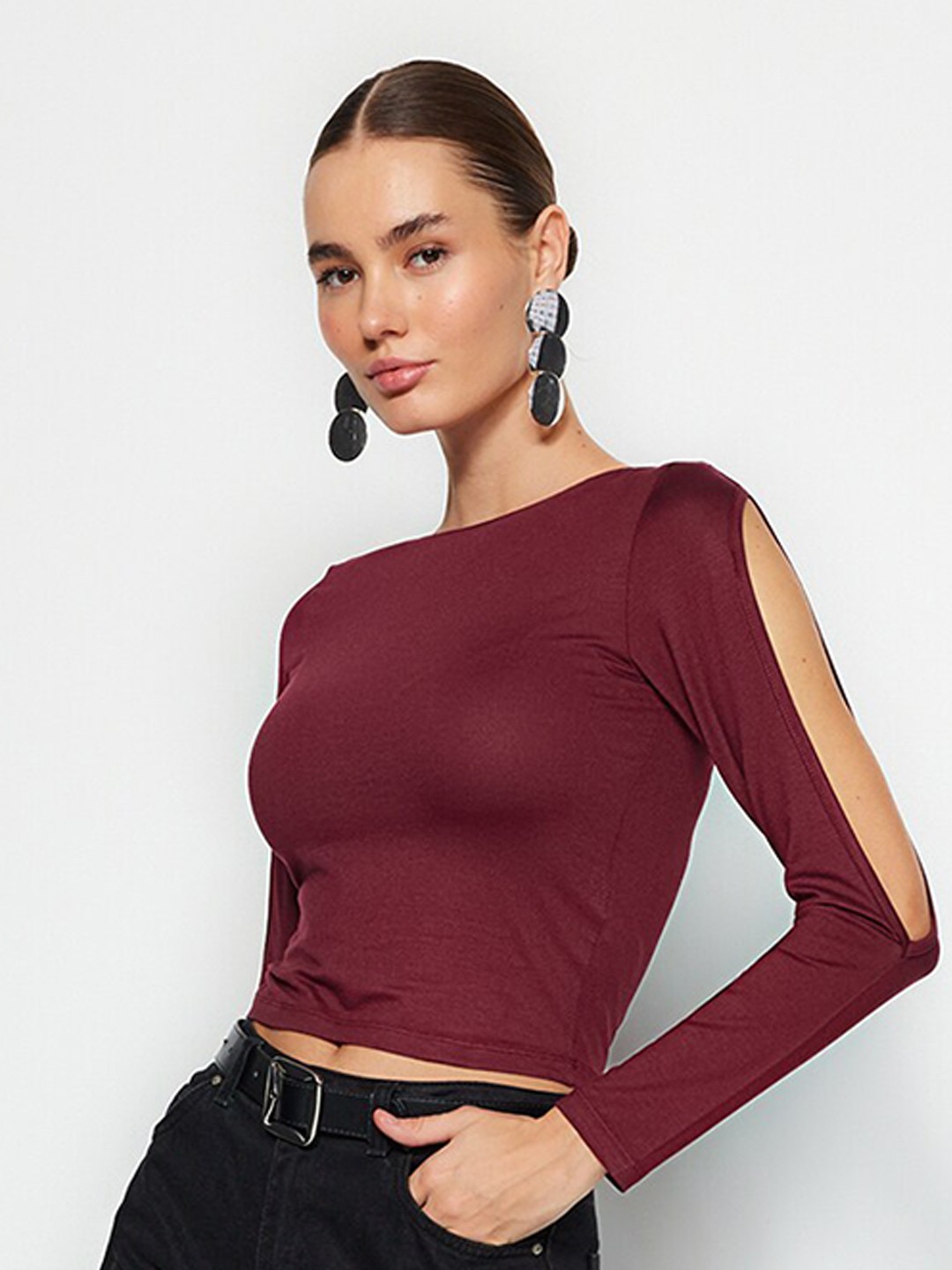 

Trendyol Long Sleeves Boat Neck Knitted Crop Top, Na