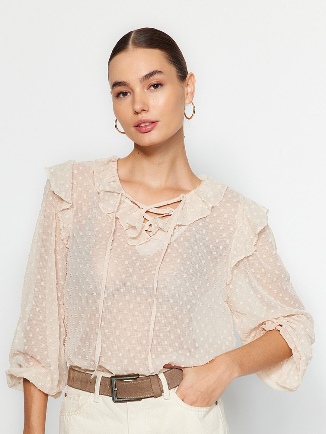 

Trendyol Tie-Up Neck Ruffles Top, Na