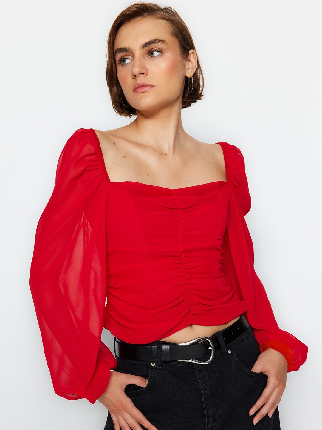 

Trendyol Square Neck Puff Sleeve Crop Top, Na