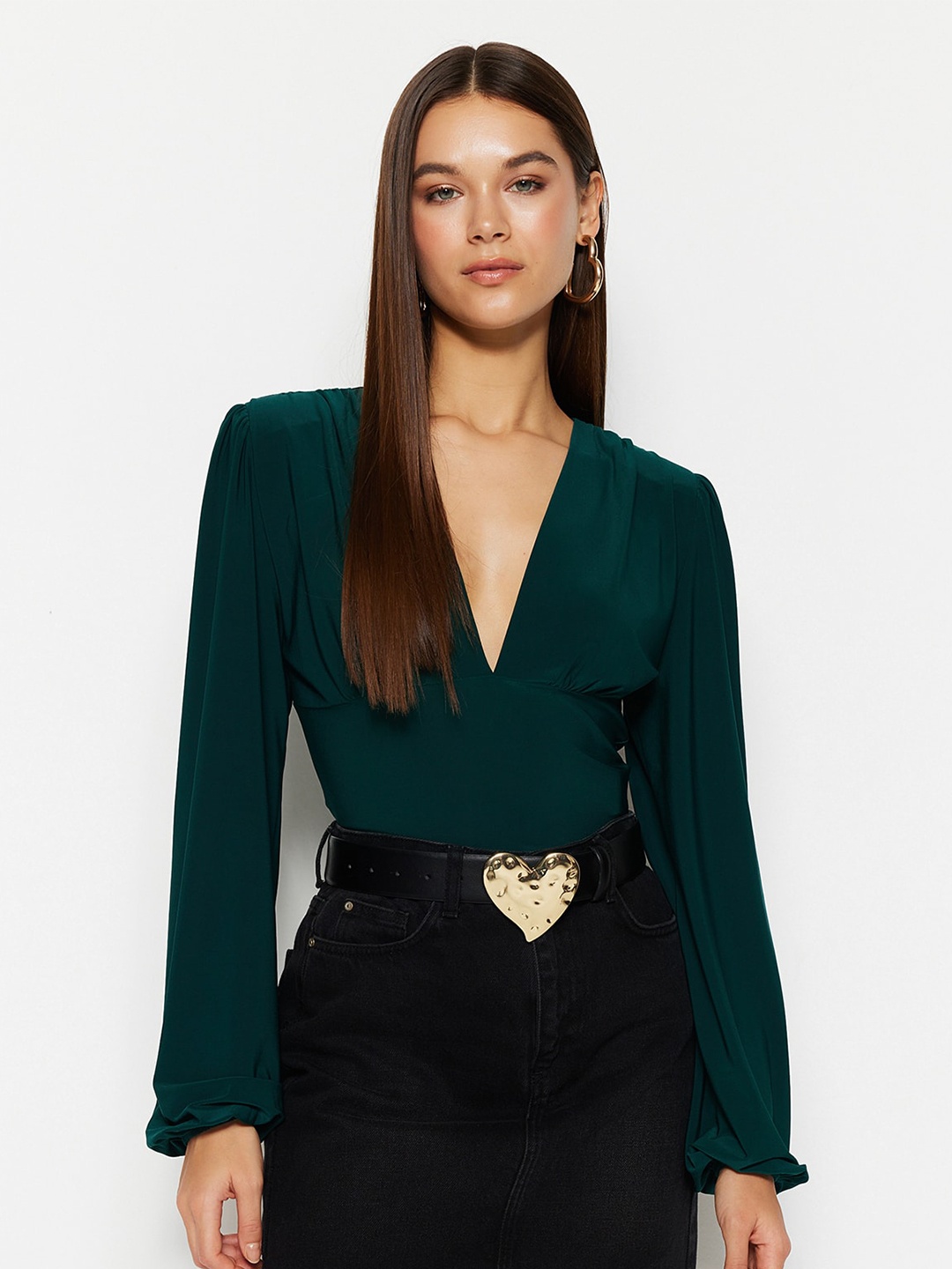 

Trendyol V-Neck Puffed Sleeves Fitted Top, Green