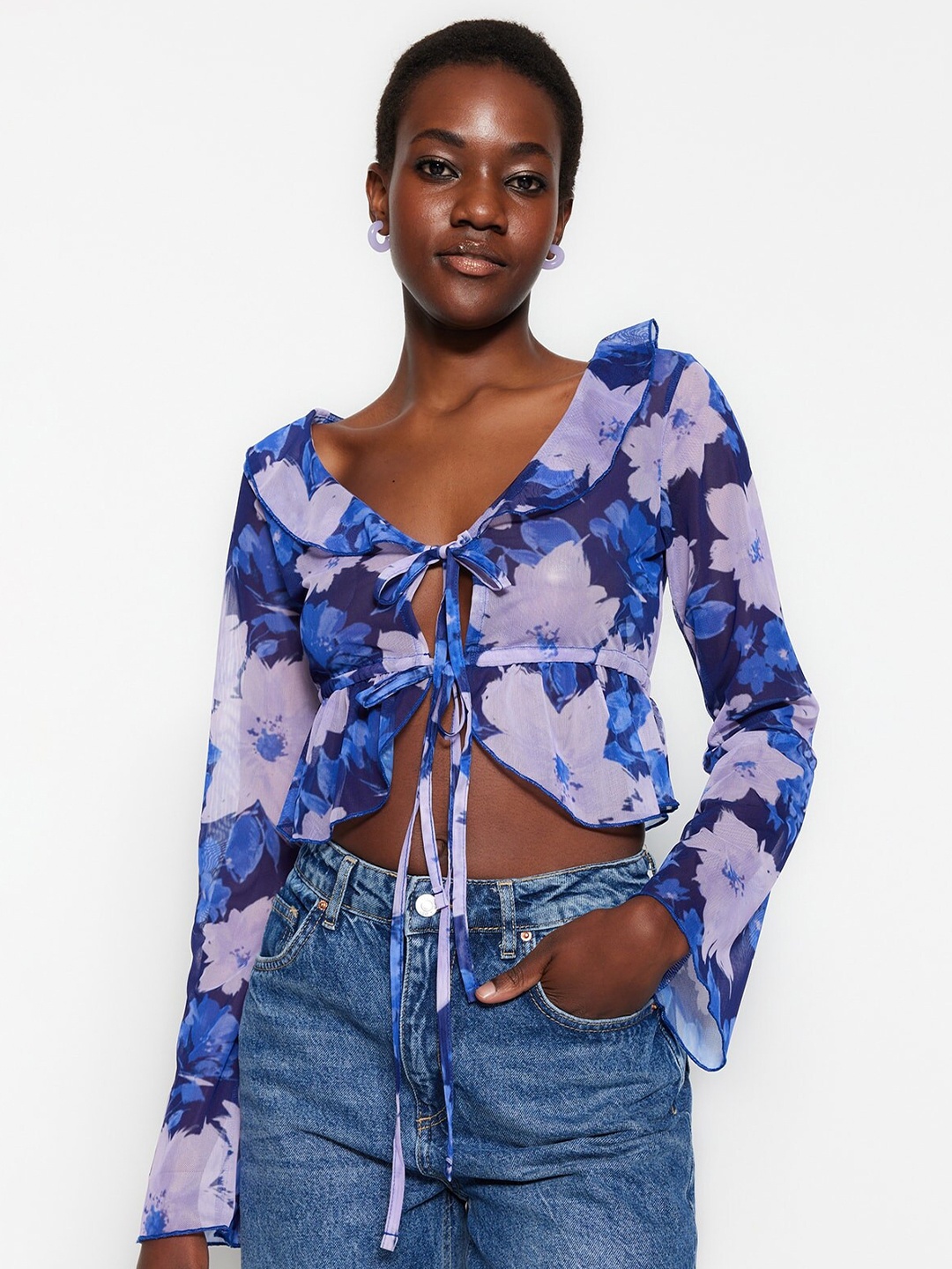 

Trendyol Floral Printed Tie-Up Neck Wrap Crop Top, Blue