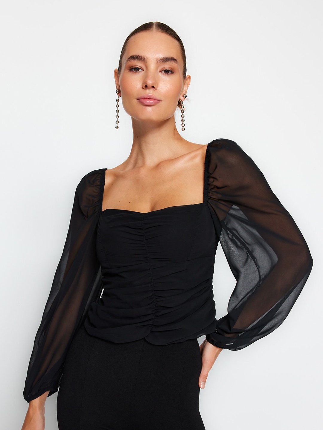 

Trendyol Square Neck Cuffed Sleeves Fitted Top, Black