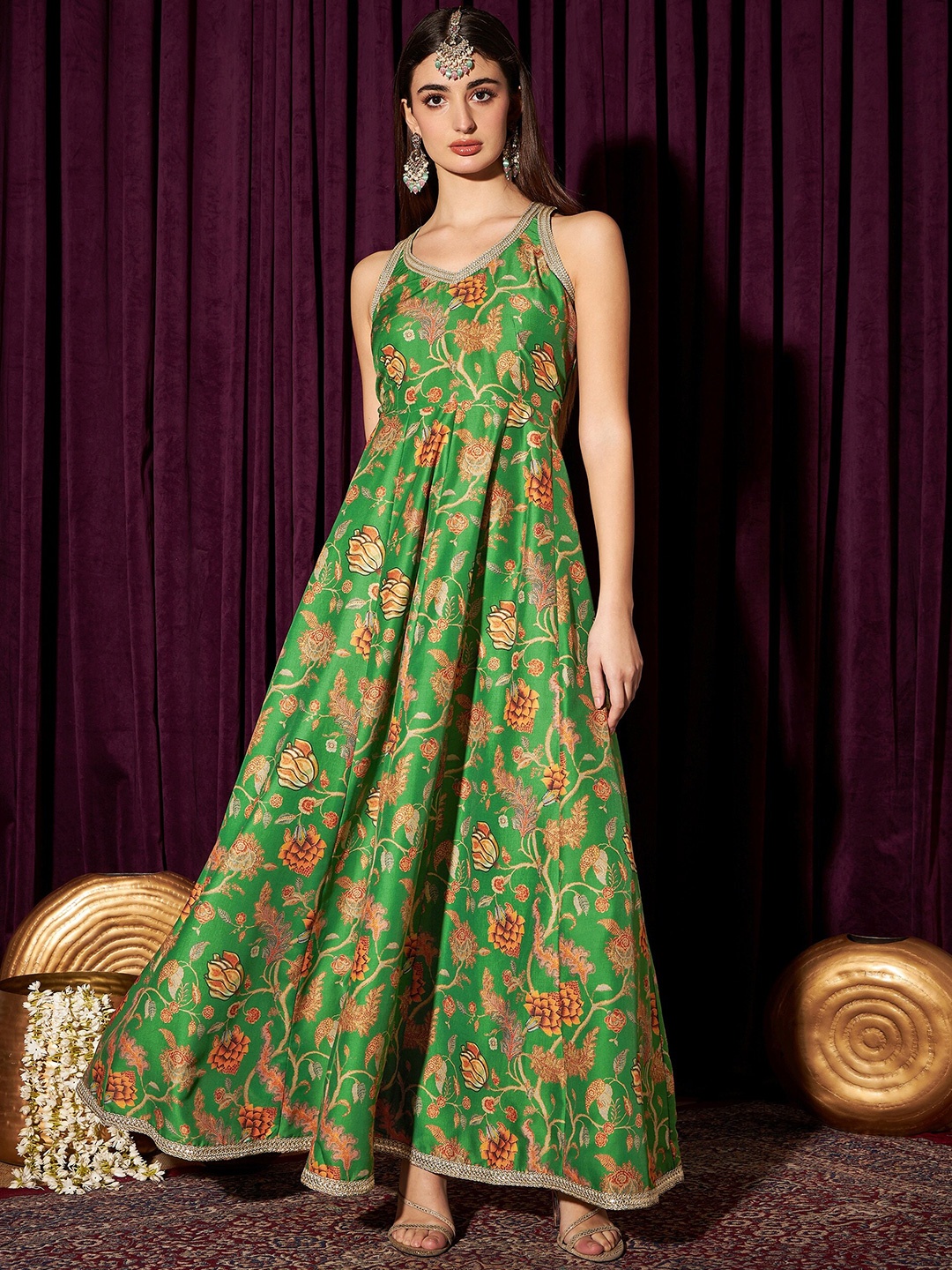 

indo street Floral Printed Lace & Tie Up Maxi Ethnic Dress, Green