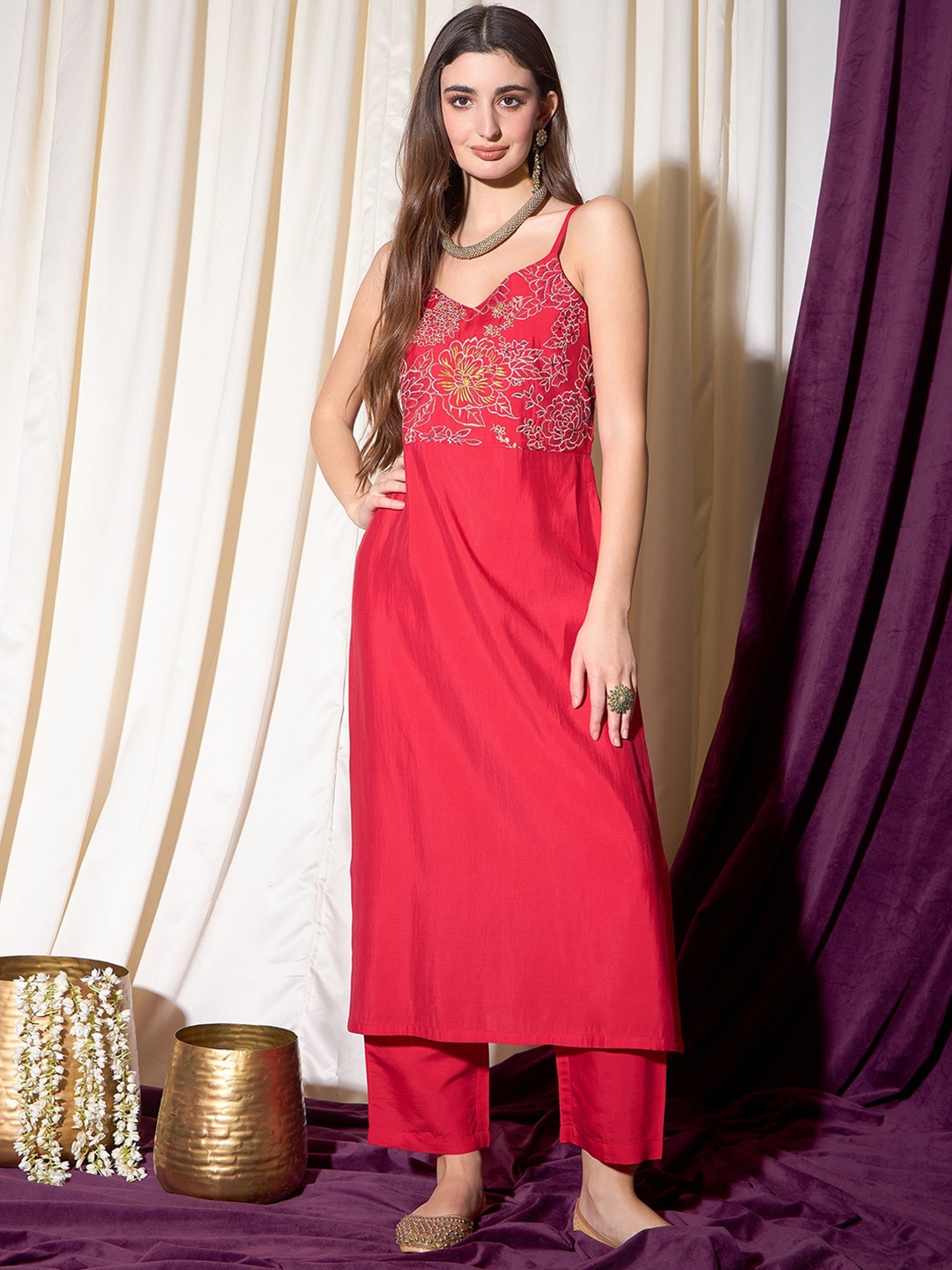 

indo street Floral Yoke Design Thread Work Kurta With Trouser, Red