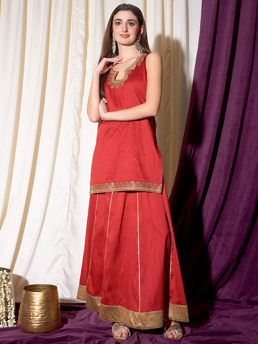 

indo street Floral Embroidered Gotta Patti Straight Kurta with Sharara, Red
