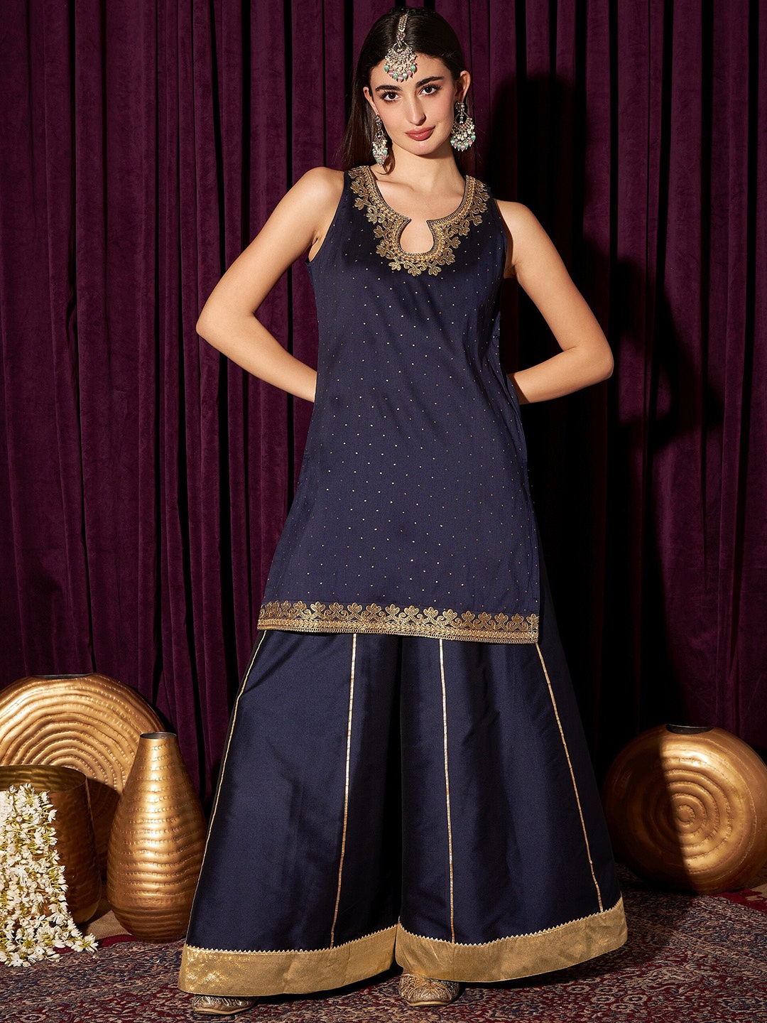 

indo street Floral Embroidered Gotta Patti Straight Kurta with Sharara, Navy blue