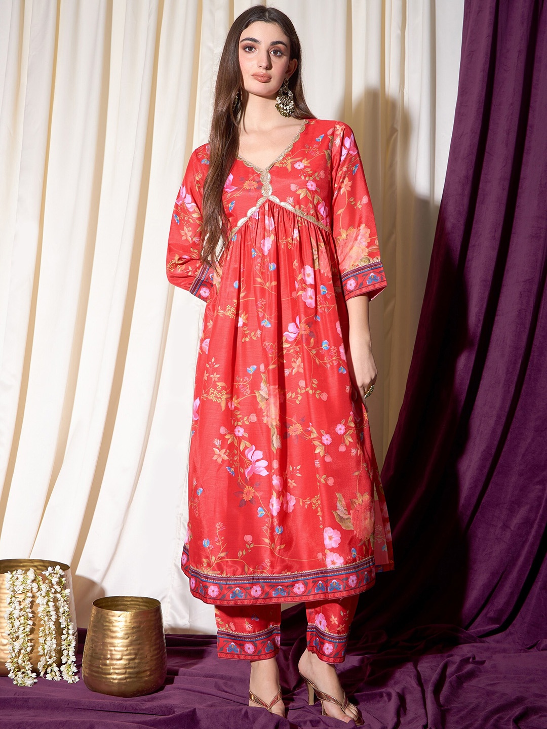

indo street Floral Printed Gotta Patti Empire A-Line Kurta with Salwar, Red