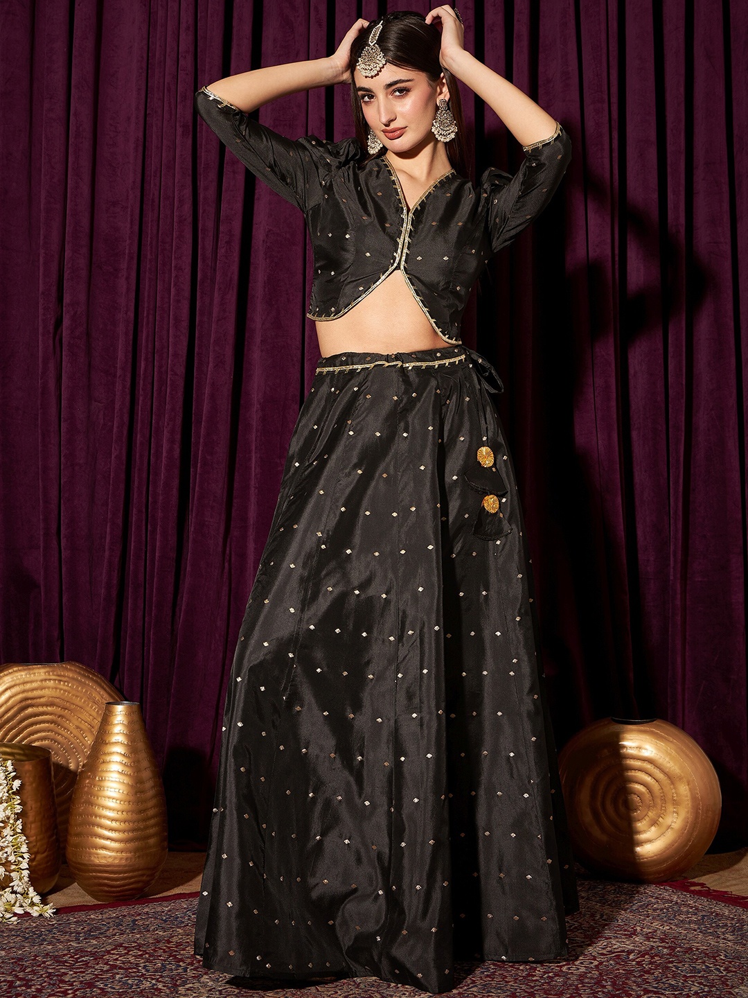 

indo street Woven Design Gotta Patti Ready To Wear Lehenga & Choli, Black