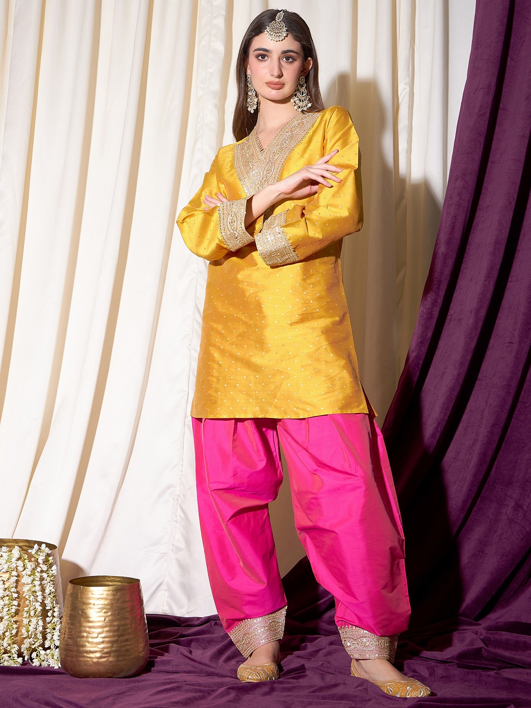 

indo street Ethnic Motifs Embroidered V-Neck Thread Work Kurti with Salwar, Yellow